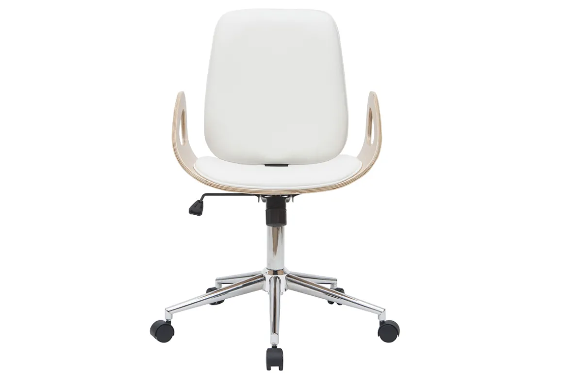Miliboo Fauteuil De Bureau-Chaise de bureau à roulettes design blanc, bois clair et acier chromé GLORY