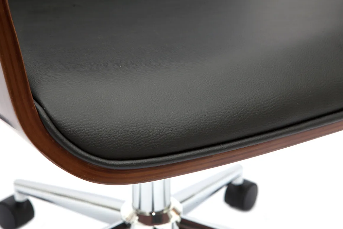 Miliboo Fauteuil De Bureau-Chaise de bureau à roulettes design noir, bois foncé noyer et acier chromé RUFIN