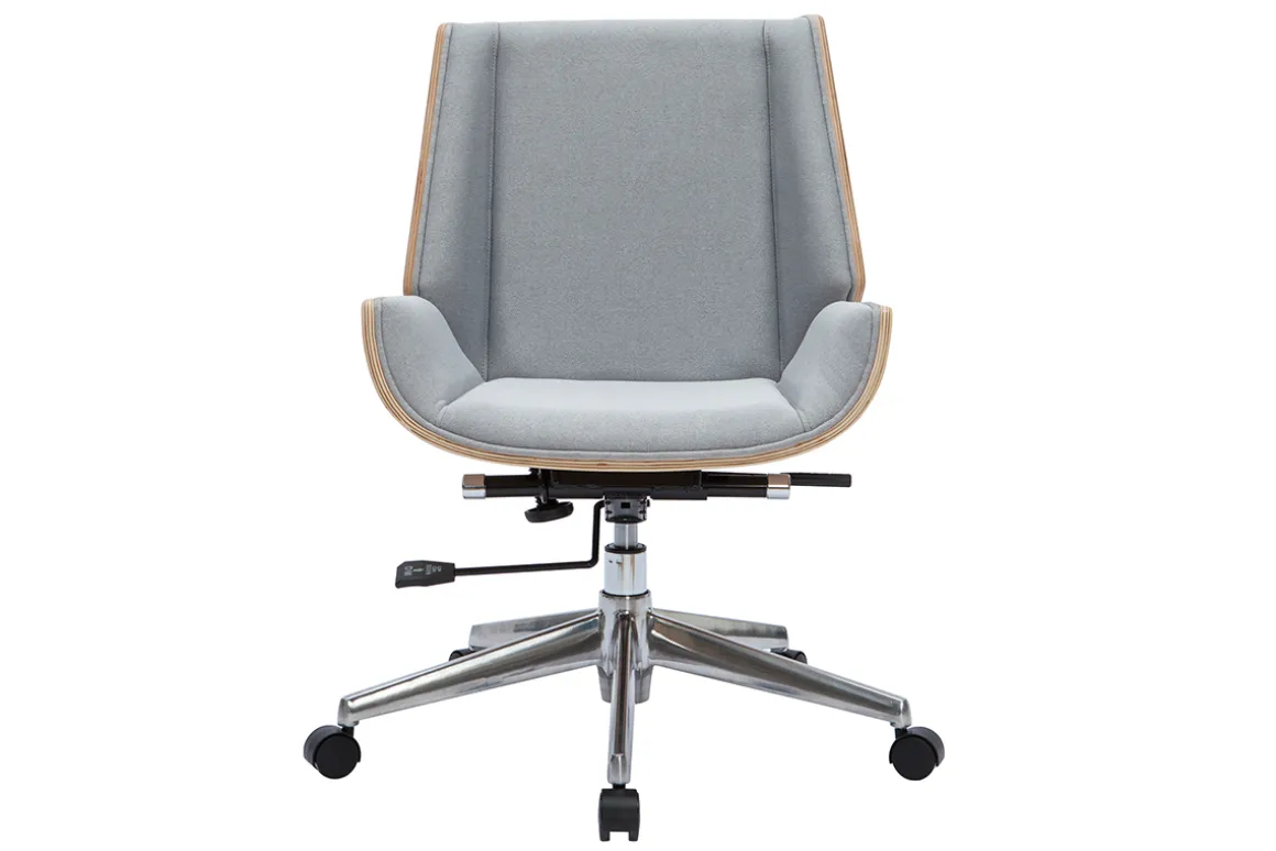 Miliboo Fauteuil De Bureau-Chaise de bureau à roulettes design en tissu gris clair, bois clair et acier chromé CURVED