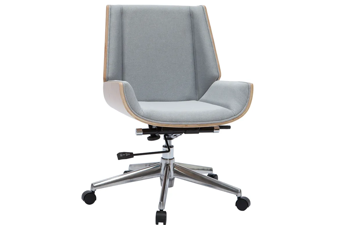 Miliboo Fauteuil De Bureau-Chaise de bureau à roulettes design en tissu gris clair, bois clair et acier chromé CURVED