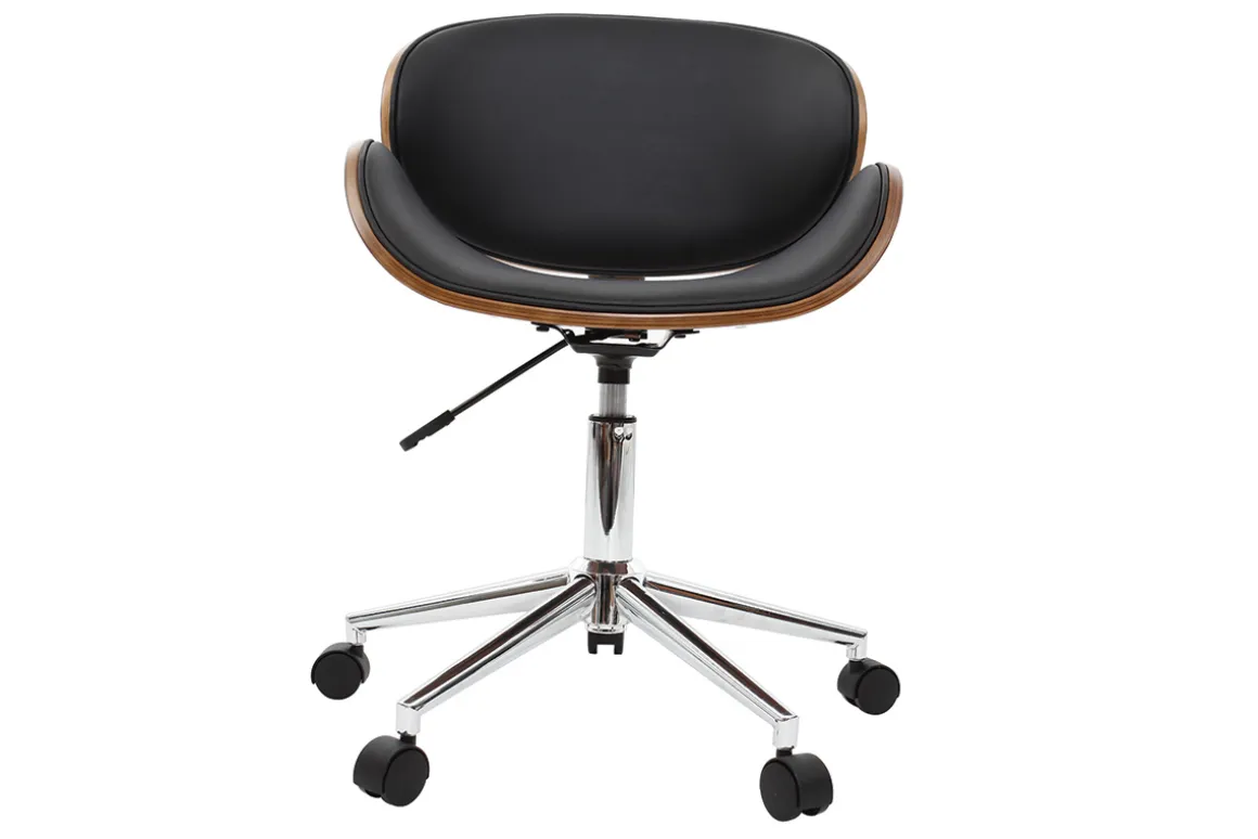 Miliboo Fauteuil De Bureau|Fauteuil De Bureau Petit Prix-Chaise de bureau à roulettes design noir, bois foncé noyer et acier chromé WALNUT