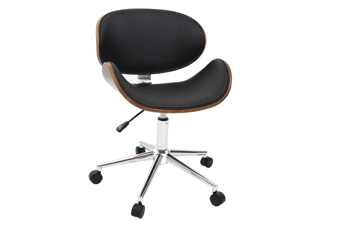 Miliboo Fauteuil De Bureau|Fauteuil De Bureau Petit Prix-Chaise de bureau à roulettes design noir, bois foncé noyer et acier chromé WALNUT