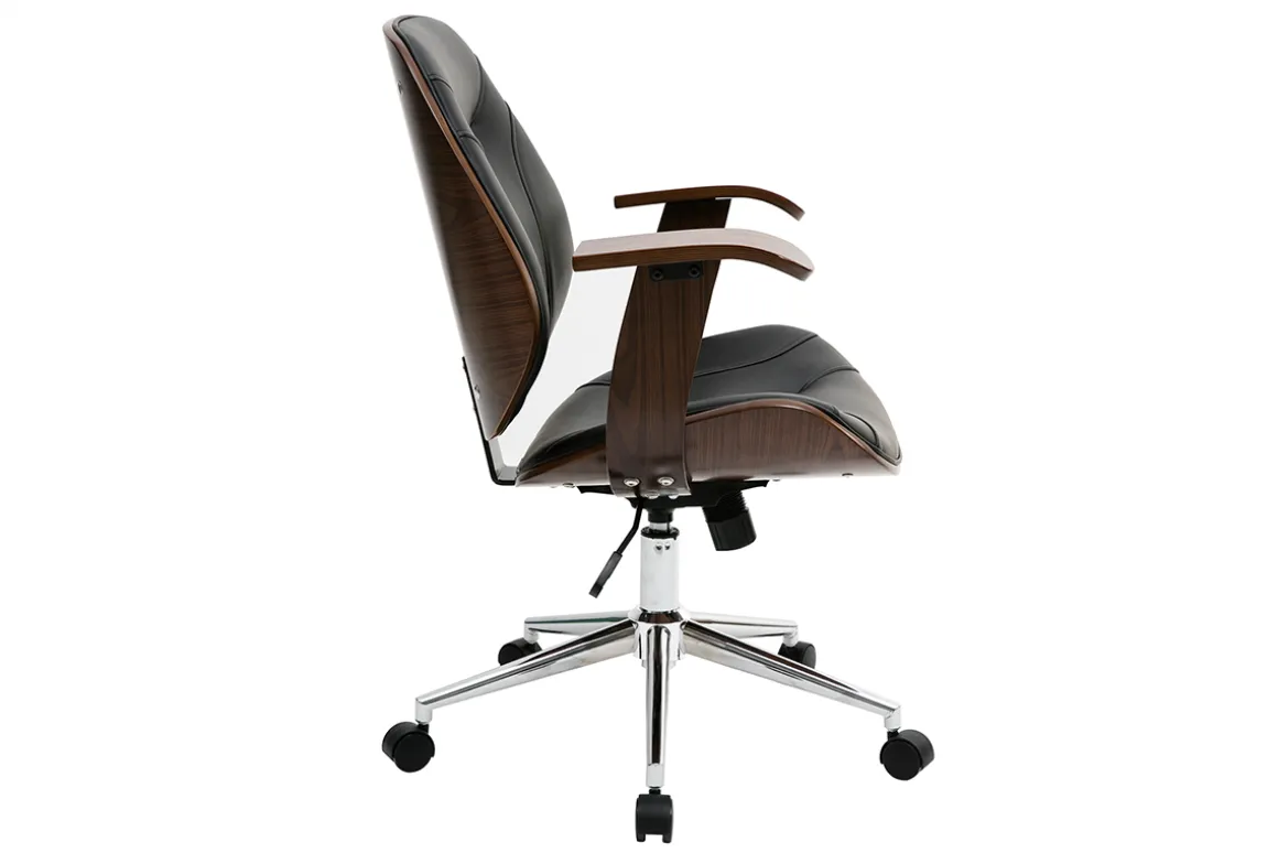 Miliboo Fauteuil De Bureau-Chaise de bureau à roulettes design noir, bois foncé noyer et acier chromé YORKE