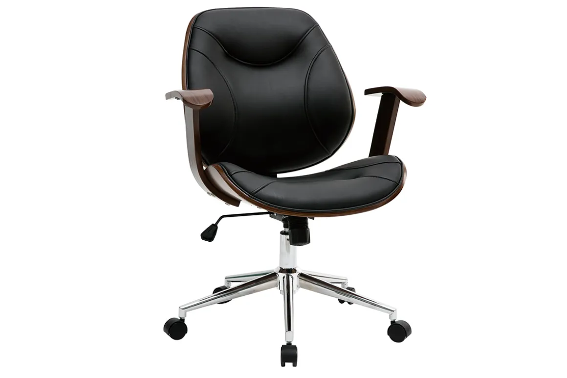 Miliboo Fauteuil De Bureau-Chaise de bureau à roulettes design noir, bois foncé noyer et acier chromé YORKE