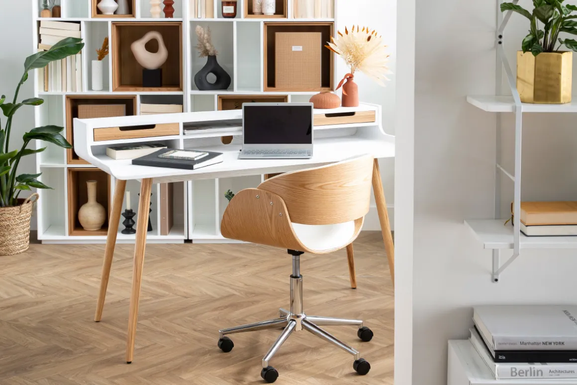 Miliboo Fauteuil De Bureau|Fauteuil De Bureau Petit Prix-Chaise de bureau à roulettes design en tissu gris, bois clair et acier chromé BENT