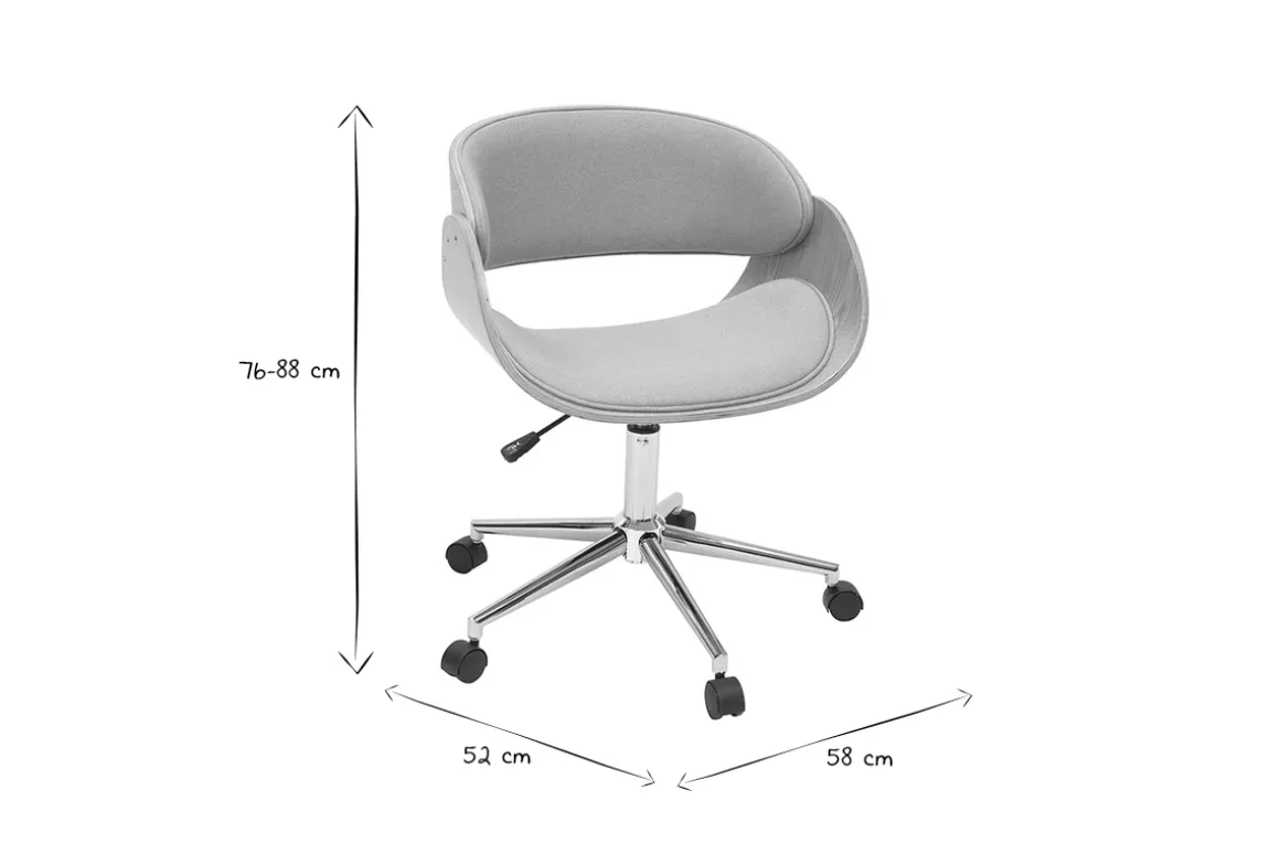 Miliboo Fauteuil De Bureau|Fauteuil De Bureau Petit Prix-Chaise de bureau à roulettes design en tissu gris, bois clair et acier chromé BENT