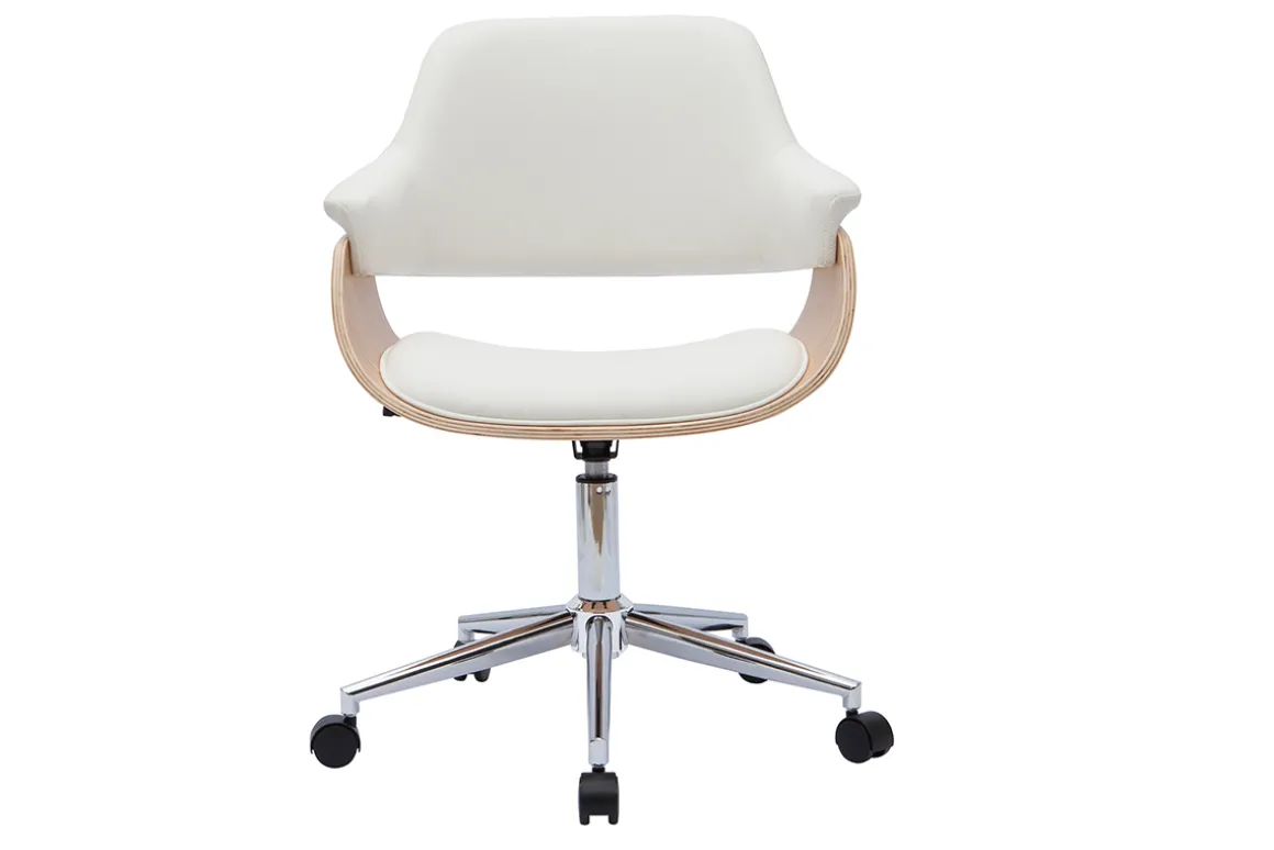 Miliboo Fauteuil De Bureau-Chaise de bureau à roulettes design blanc, bois clair et acier chromé HANSEN