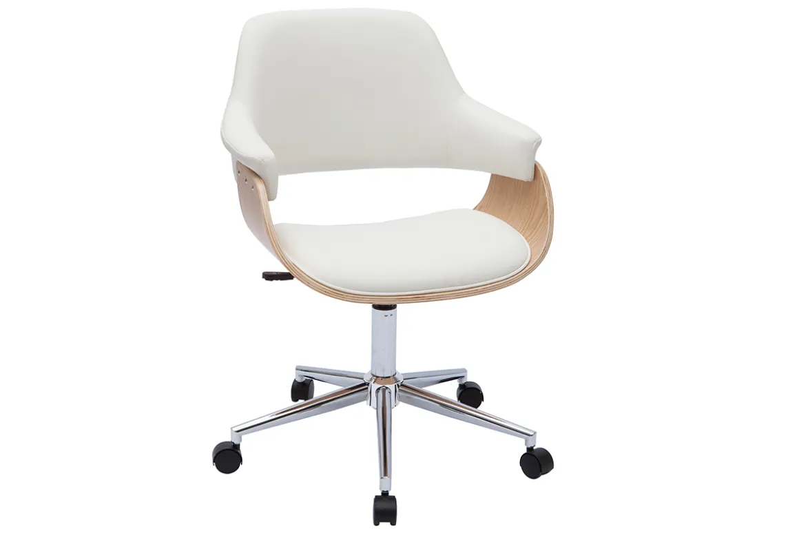 Miliboo Fauteuil De Bureau-Chaise de bureau à roulettes design blanc, bois clair et acier chromé HANSEN