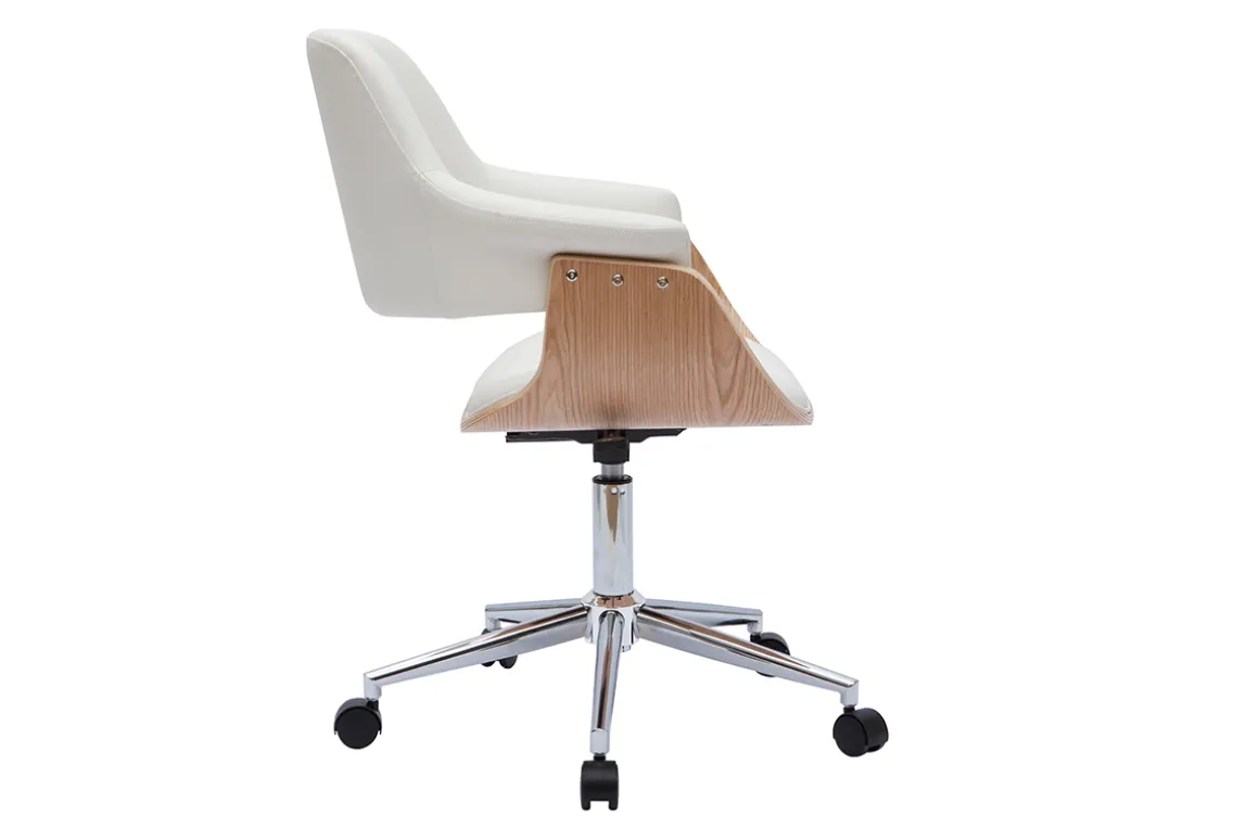 Miliboo Fauteuil De Bureau-Chaise de bureau à roulettes design blanc, bois clair et acier chromé HANSEN