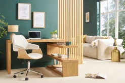 Miliboo Fauteuil De Bureau-Chaise de bureau à roulettes design blanc, bois clair et acier chromé HANSEN