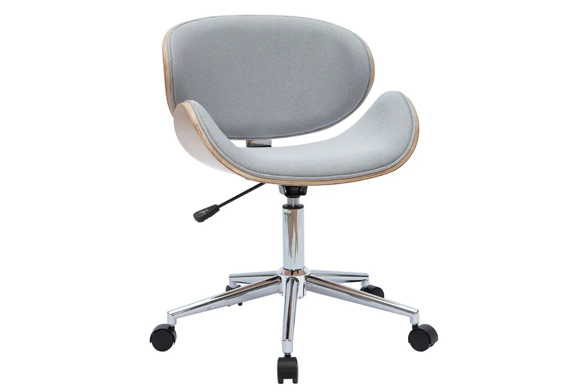 Miliboo Fauteuil De Bureau|Fauteuil De Bureau Petit Prix-Chaise de bureau à roulettes design en tissu gris clair, bois clair et acier chromé WALNUT