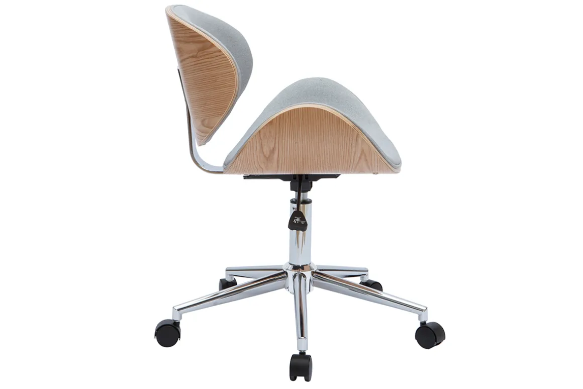Miliboo Fauteuil De Bureau|Fauteuil De Bureau Petit Prix-Chaise de bureau à roulettes design en tissu gris clair, bois clair et acier chromé WALNUT