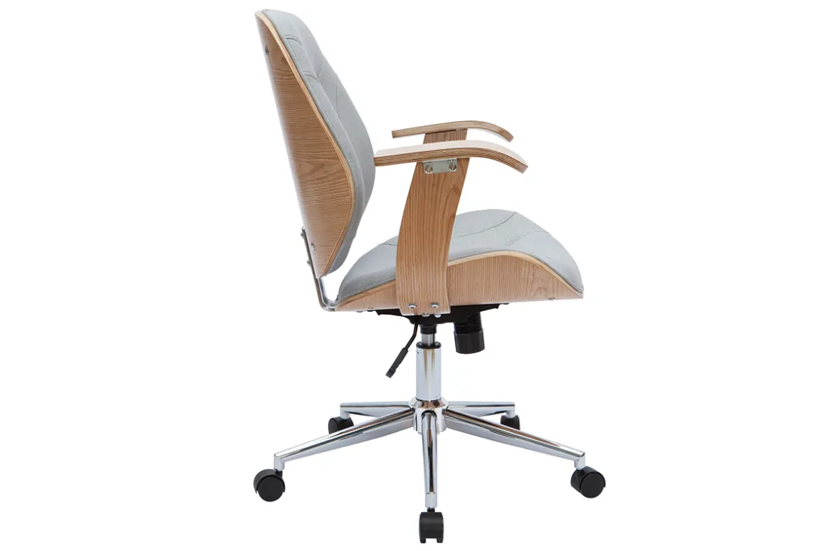 Miliboo Fauteuil De Bureau-Chaise de bureau à roulettes design en tissu gris clair, bois clair et acier chromé YORKE