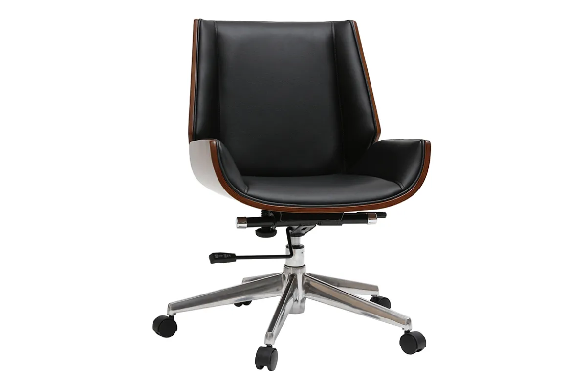 Miliboo Fauteuil De Bureau-Chaise de bureau à roulettes design noir, bois foncé noyer et acier chromé CURVED