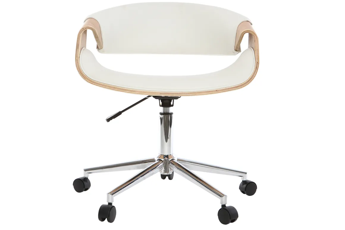 Miliboo Fauteuil De Bureau-Chaise de bureau à roulettes design blanc, bois clair et acier chromé ARAMIS