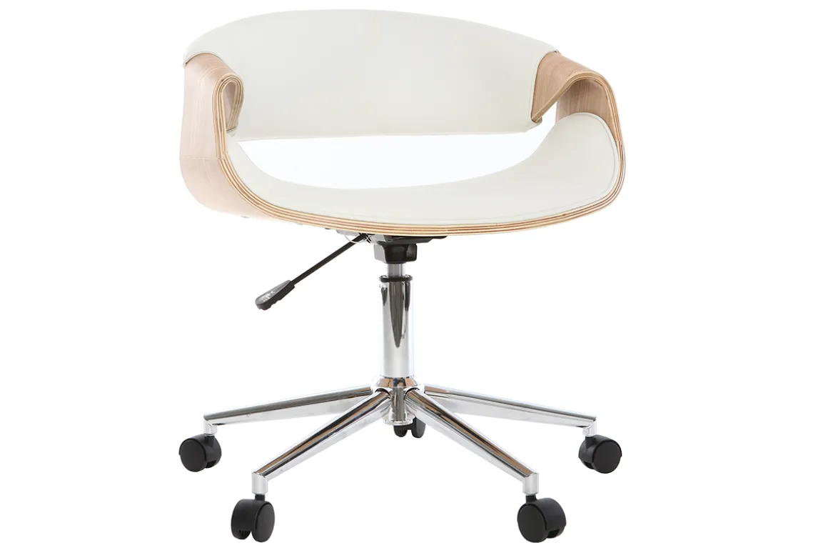 Miliboo Fauteuil De Bureau-Chaise de bureau à roulettes design blanc, bois clair et acier chromé ARAMIS
