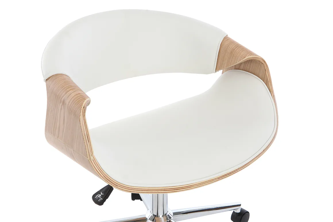 Miliboo Fauteuil De Bureau-Chaise de bureau à roulettes design blanc, bois clair et acier chromé ARAMIS