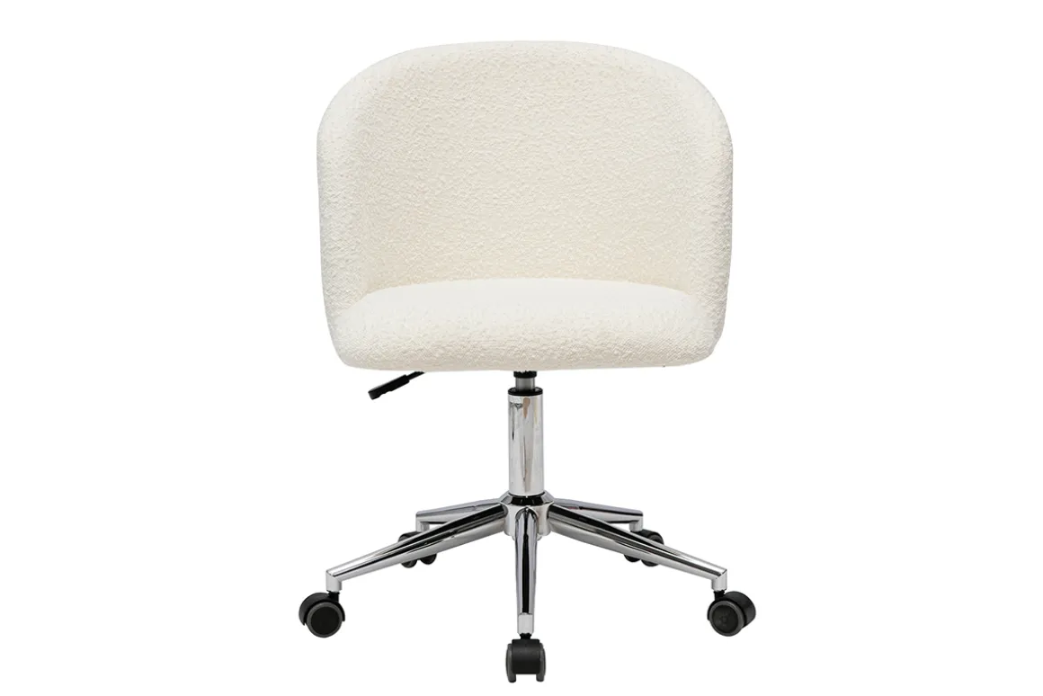 Miliboo Fauteuil De Bureau|Fauteuil De Bureau Petit Prix-Chaise de bureau à roulettes en tissu effet laine bouclée blanc cassé et acier chromé VANITY