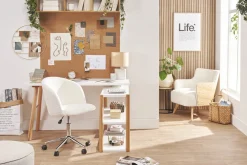 Miliboo Fauteuil De Bureau|Fauteuil De Bureau Petit Prix-Chaise de bureau à roulettes en tissu effet laine bouclée blanc cassé et acier chromé VANITY