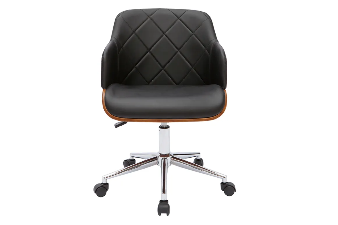 Miliboo Fauteuil De Bureau-Chaise de bureau à roulettes design noir, bois foncé noyer et acier chromé SANDRO