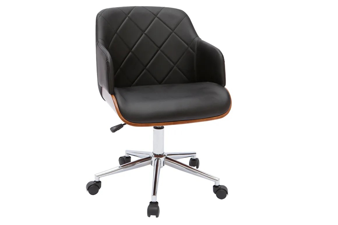 Miliboo Fauteuil De Bureau-Chaise de bureau à roulettes design noir, bois foncé noyer et acier chromé SANDRO