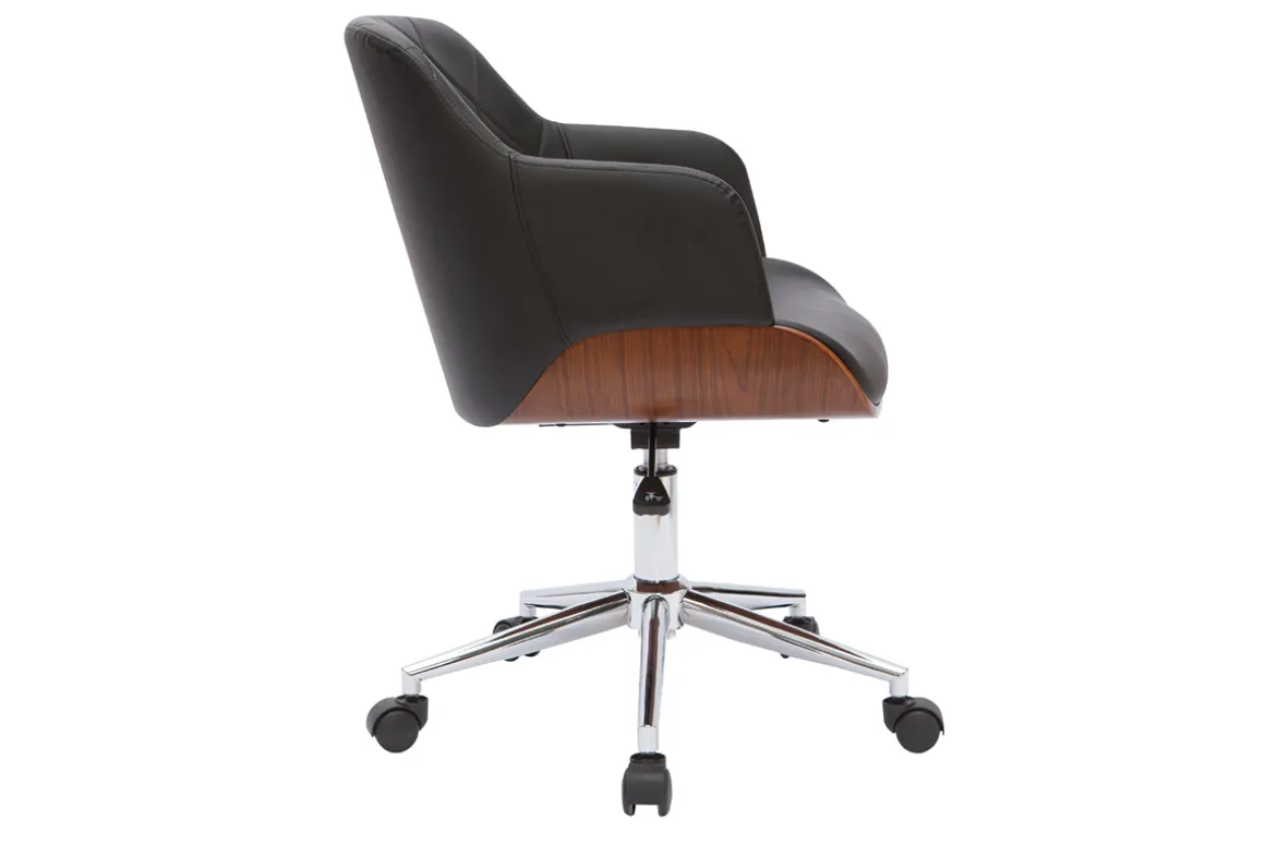 Miliboo Fauteuil De Bureau-Chaise de bureau à roulettes design noir, bois foncé noyer et acier chromé SANDRO