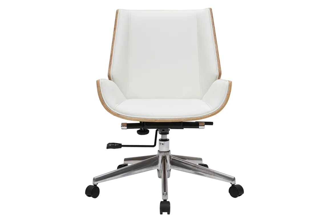 Miliboo Fauteuil De Bureau-Chaise de bureau à roulettes design blanc, bois clair et acier chromé CURVED