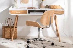 Miliboo Fauteuil De Bureau|Fauteuil De Bureau Petit Prix-Chaise de bureau à roulettes design blanc, bois clair et acier chromé RUBBENS