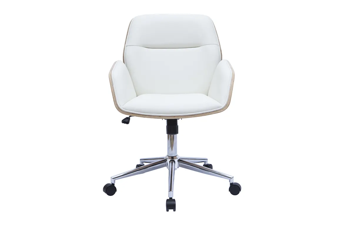 Miliboo Fauteuil De Bureau-Chaise de bureau à roulettes design blanc, bois clair et acier chromé MARLOW