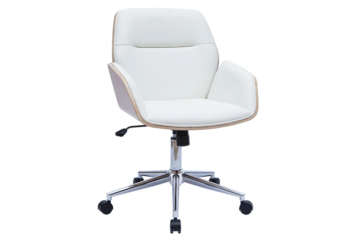 Miliboo Fauteuil De Bureau-Chaise de bureau à roulettes design blanc, bois clair et acier chromé MARLOW