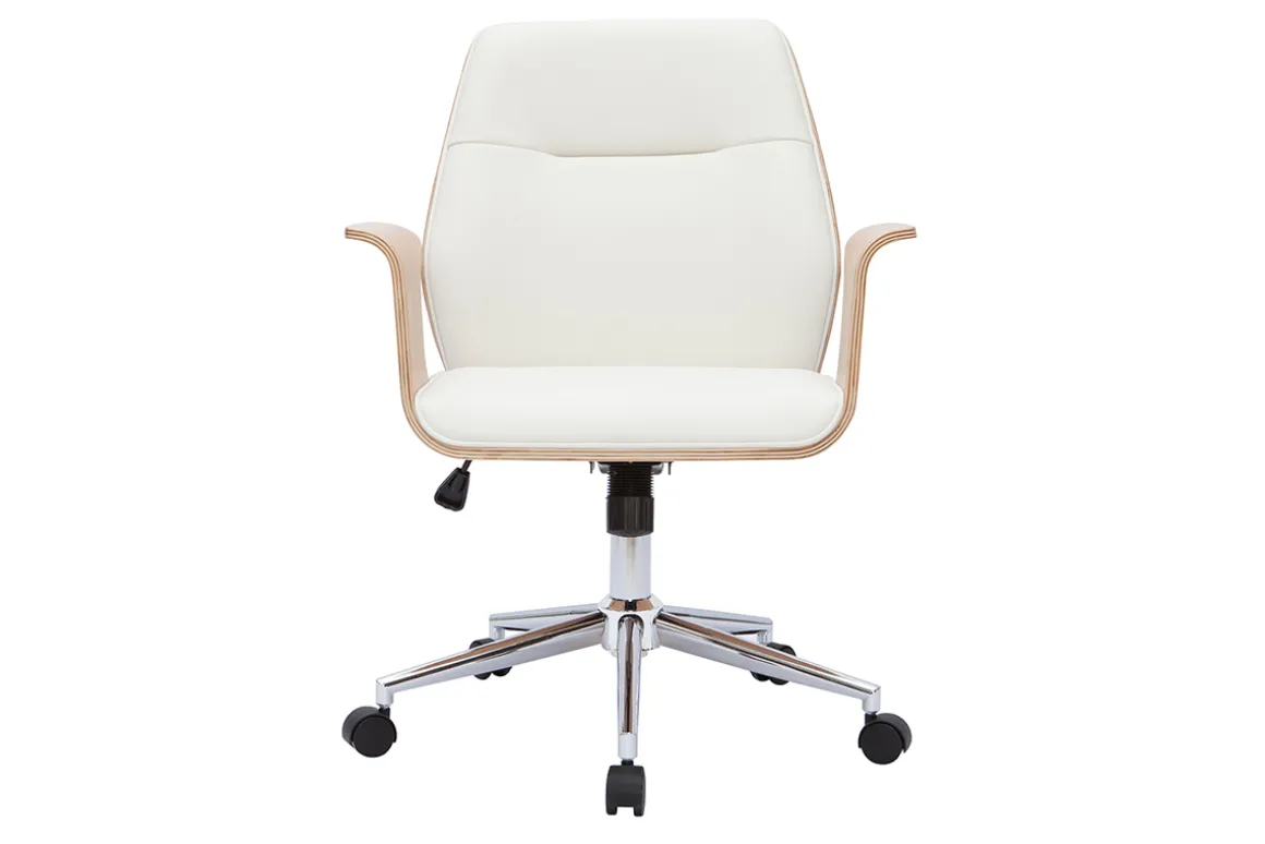 Miliboo Fauteuil De Bureau-Chaise de bureau à roulettes design blanc, bois clair et acier chromé RUFIN
