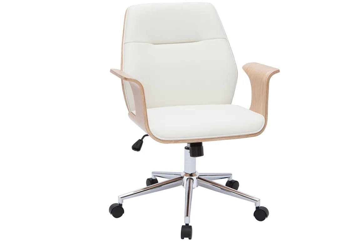 Miliboo Fauteuil De Bureau-Chaise de bureau à roulettes design blanc, bois clair et acier chromé RUFIN