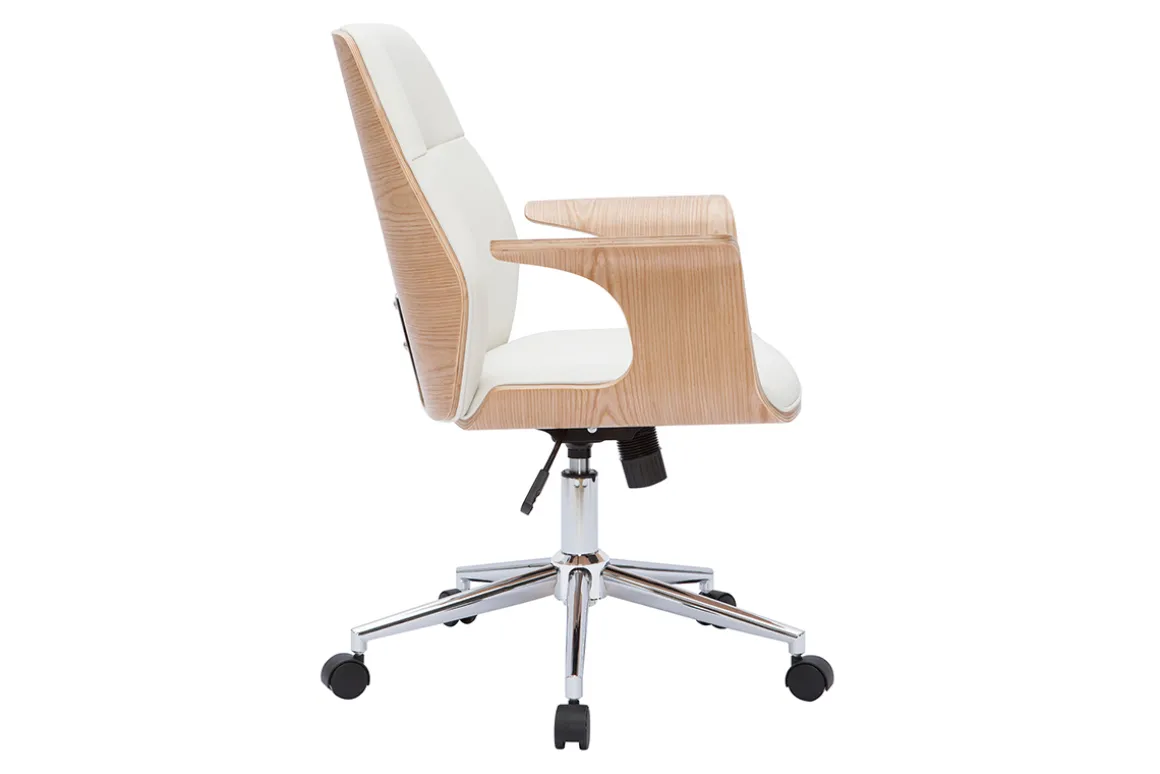 Miliboo Fauteuil De Bureau-Chaise de bureau à roulettes design blanc, bois clair et acier chromé RUFIN