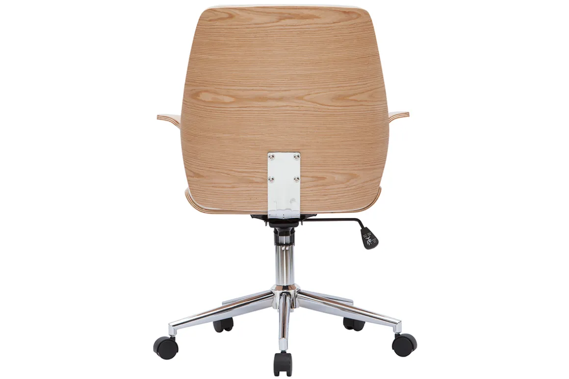 Miliboo Fauteuil De Bureau-Chaise de bureau à roulettes design blanc, bois clair et acier chromé RUFIN