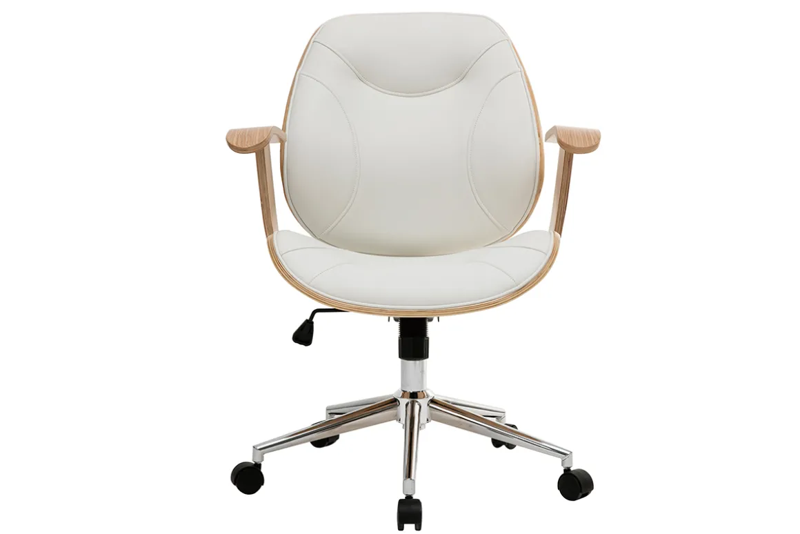 Miliboo Fauteuil De Bureau-Chaise de bureau à roulettes design blanc, bois clair et acier chromé YORKE