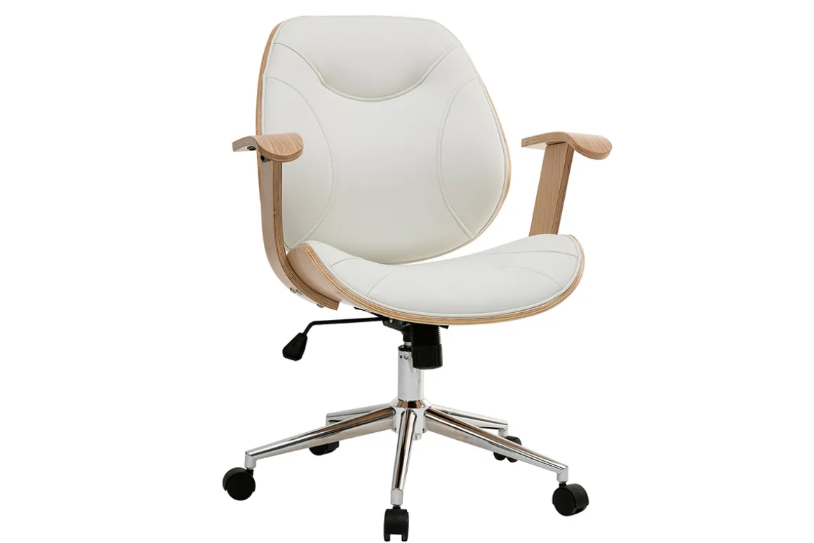Miliboo Fauteuil De Bureau-Chaise de bureau à roulettes design blanc, bois clair et acier chromé YORKE