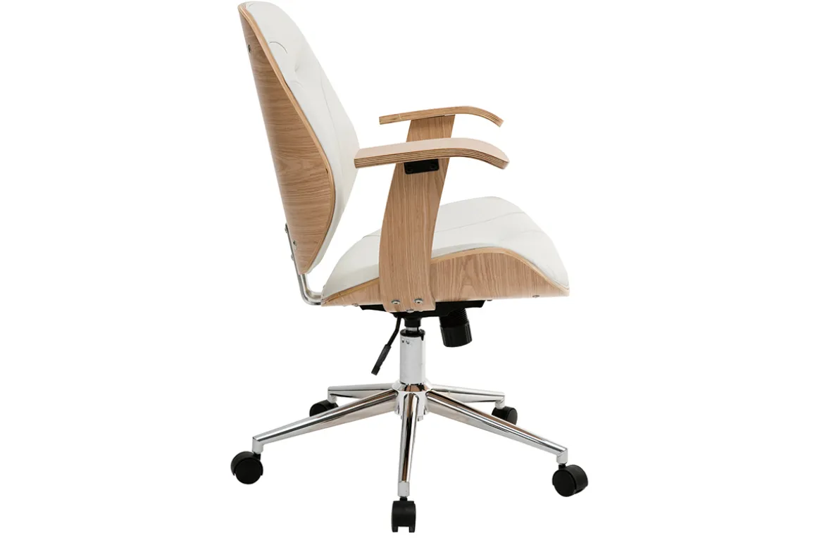Miliboo Fauteuil De Bureau-Chaise de bureau à roulettes design blanc, bois clair et acier chromé YORKE