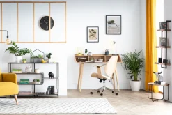 Miliboo Fauteuil De Bureau-Chaise de bureau à roulettes design blanc, bois clair et acier chromé YORKE