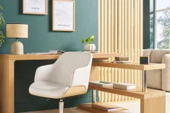 Miliboo Fauteuil De Bureau|Fauteuil De Bureau Petit Prix-Chaise de bureau à roulettes design blanc, bois clair et acier chromé SANDRO