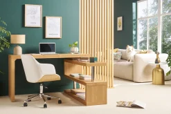 Miliboo Fauteuil De Bureau|Fauteuil De Bureau Petit Prix-Chaise de bureau à roulettes design blanc, bois clair et acier chromé SANDRO