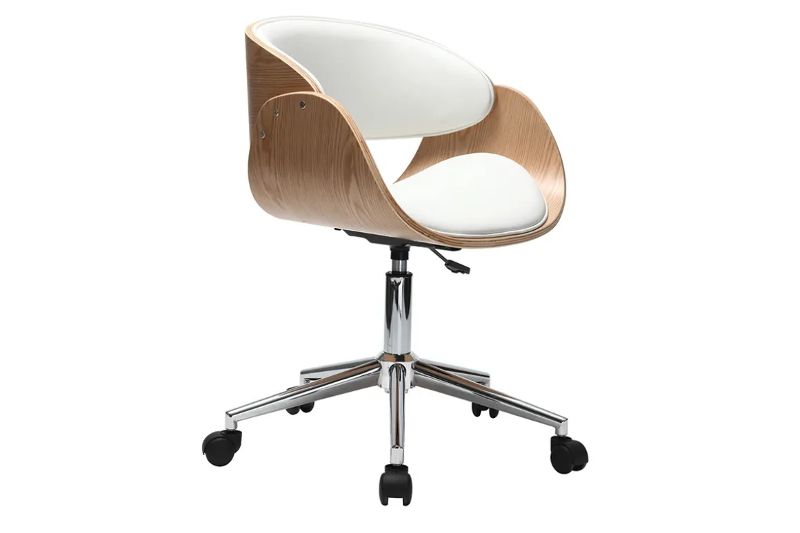 Miliboo Fauteuil De Bureau|Fauteuil De Bureau Petit Prix-Chaise de bureau à roulettes design blanc, bois clair et acier chromé BENT