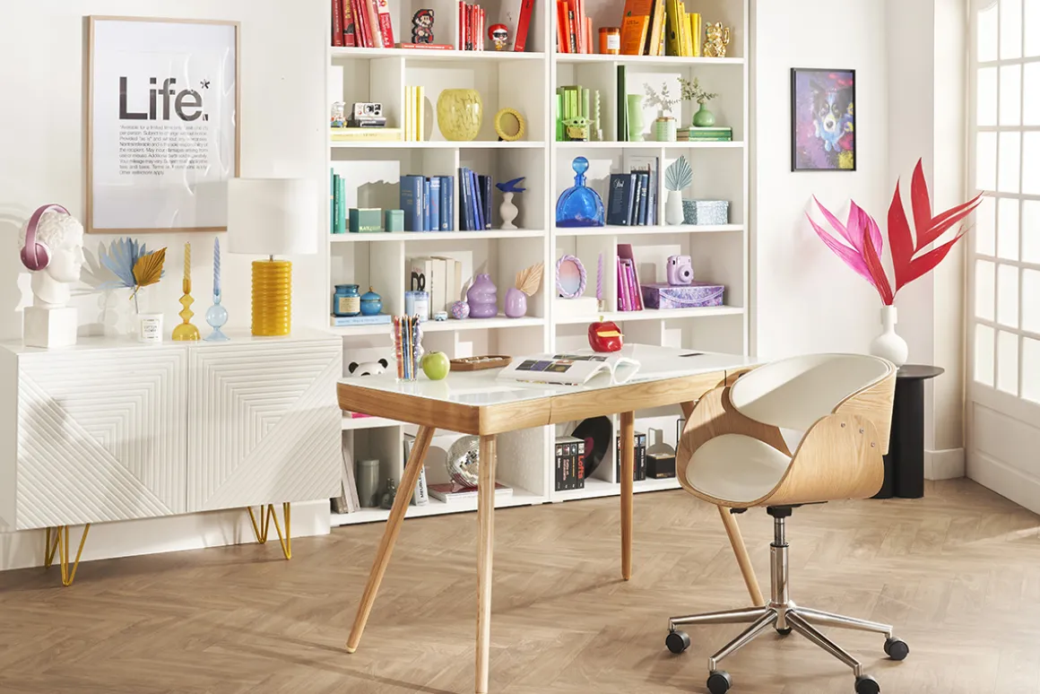 Miliboo Fauteuil De Bureau|Fauteuil De Bureau Petit Prix-Chaise de bureau à roulettes design blanc, bois clair et acier chromé BENT