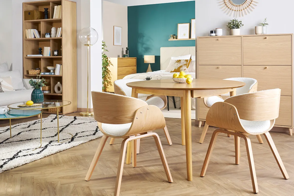 Miliboo Chaise Design-Chaise design en tissu effet laine bouclée blanc et bois clair BENT