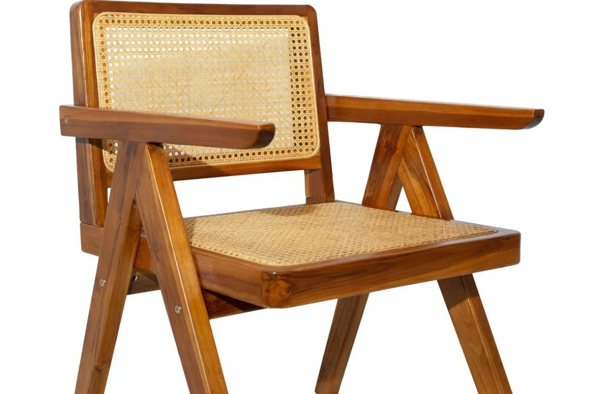 Miliboo Chaise Design|Chaise En Bois-Chaise vintage en bois teck massif et cannage rotin JANNIE