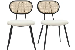 Miliboo Chaise Design-Chaises design en tissu effet laine bouclée blanc cassé, métal noir et cannage rotin naturel (lot de 2) TOLMA