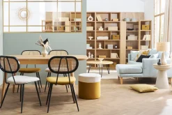 Miliboo Chaise Design-Chaises design en tissu effet laine bouclée blanc cassé, métal noir et cannage rotin naturel (lot de 2) TOLMA