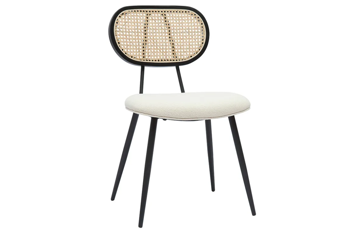 Miliboo Chaise Design-Chaises design en tissu effet laine bouclée blanc cassé, métal noir et cannage rotin naturel (lot de 2) TOLMA