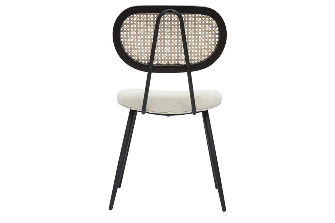 Miliboo Chaise Design-Chaises design en tissu effet laine bouclée blanc cassé, métal noir et cannage rotin naturel (lot de 2) TOLMA