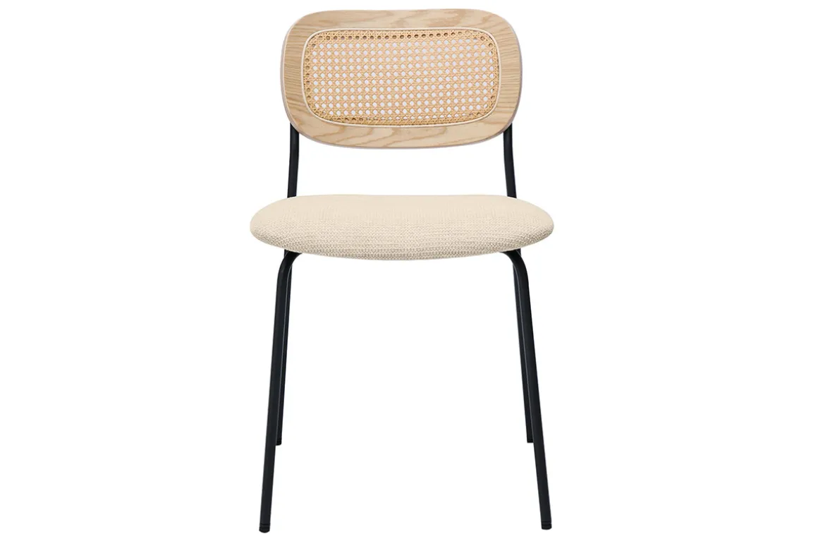 Miliboo Chaise Design-Chaises design en tissu effet velours texturé beige, métal noir et cannage rotin (lot de 2) MIRANDA