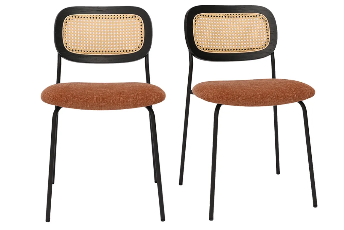 Miliboo Chaise Design-Chaises design en tissu effet velours texturé terre brulée, métal noir et cannage rotin (lot de 2) MIRANDA